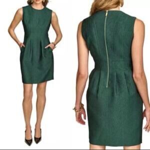 NWT Donna Karan Sheath Dress Jaquard‎ Emerald Green Metallic 10P Petite Pockets